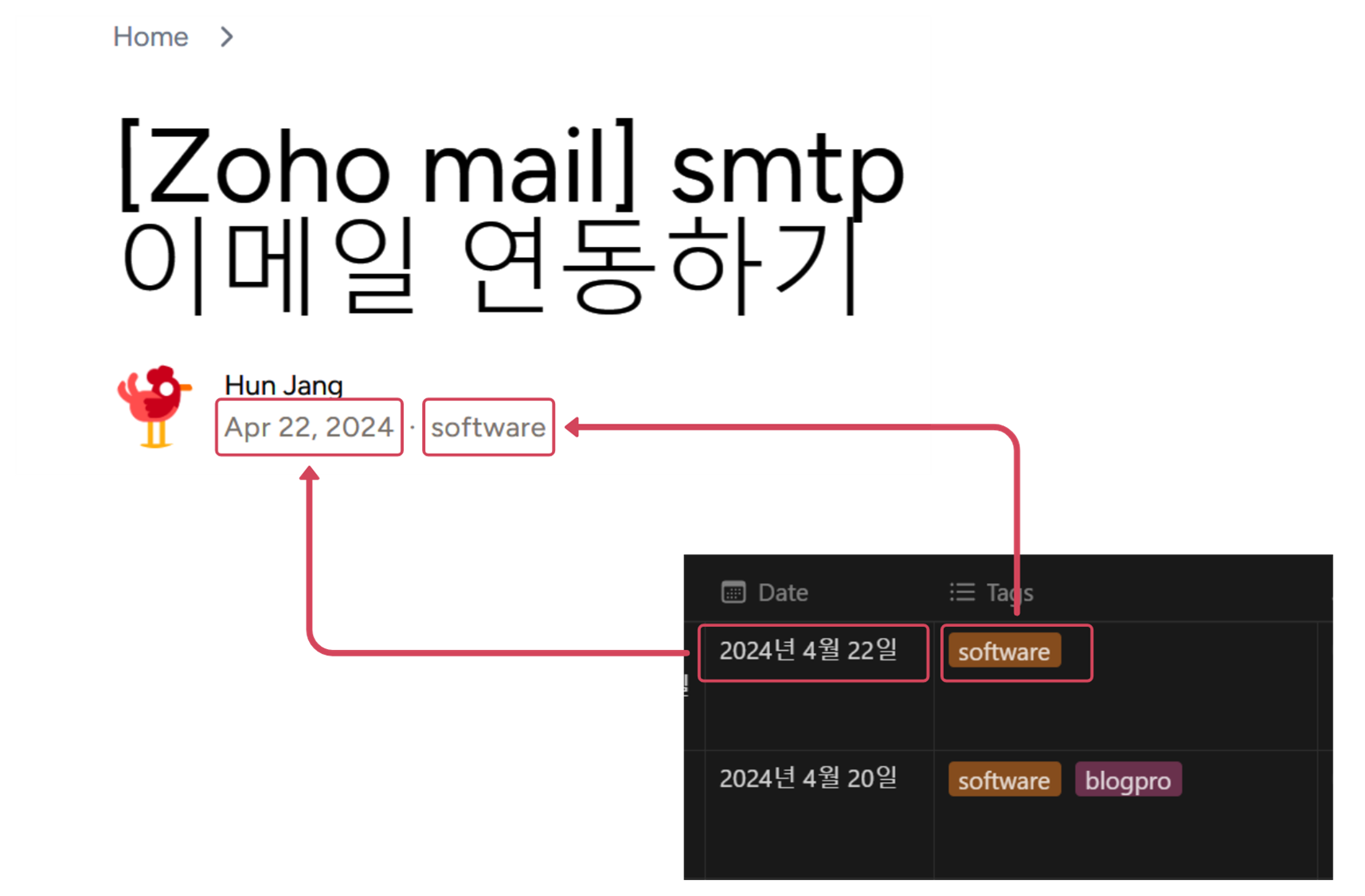 Notion 데이터베이스 프로퍼티가 렌더링된 페이지