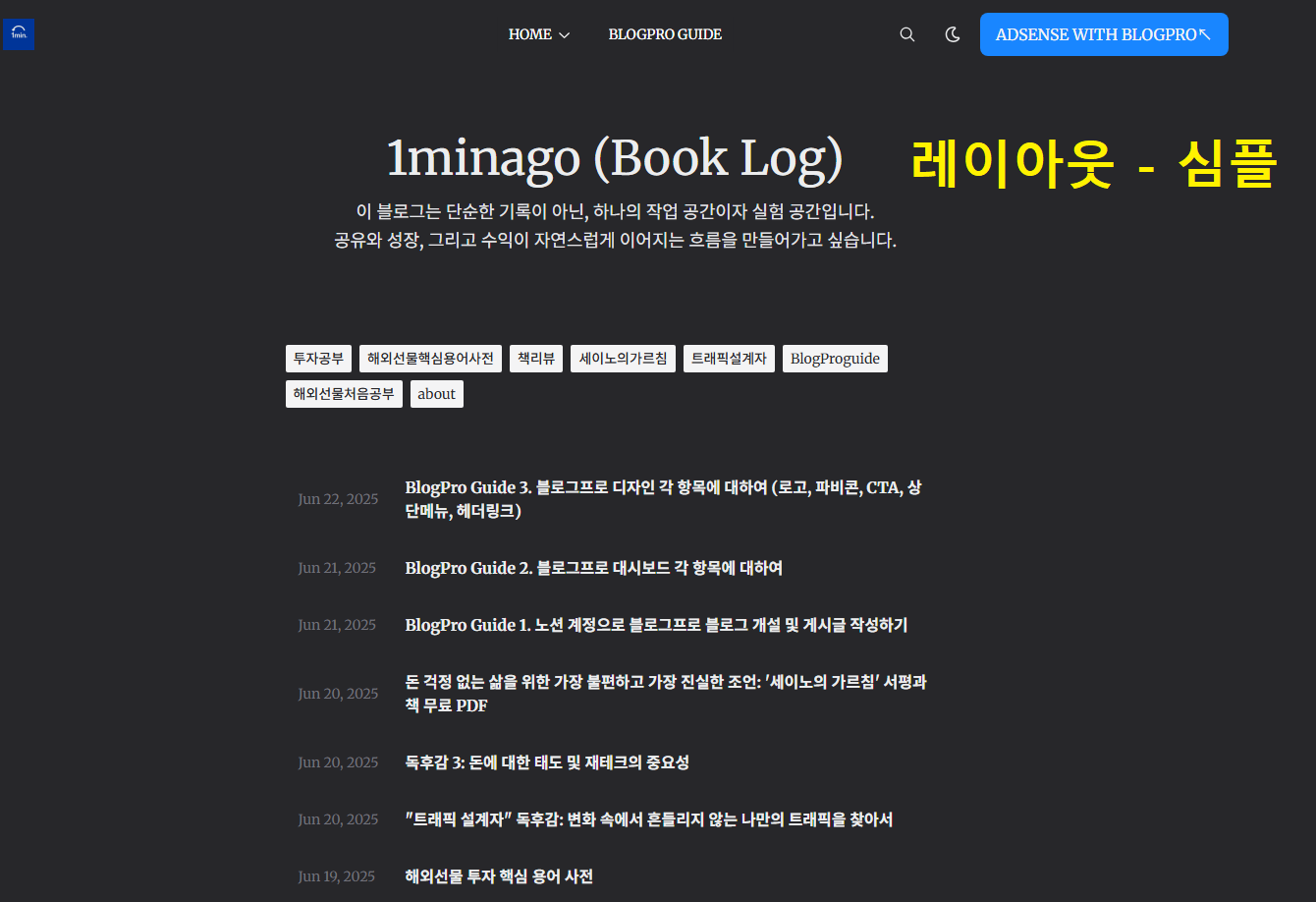 BlogPro Guide 4. 디자인 - 게시물 개요 레이아웃: 심플 선택 시, 내 사이트에 보여지는 홈 화면