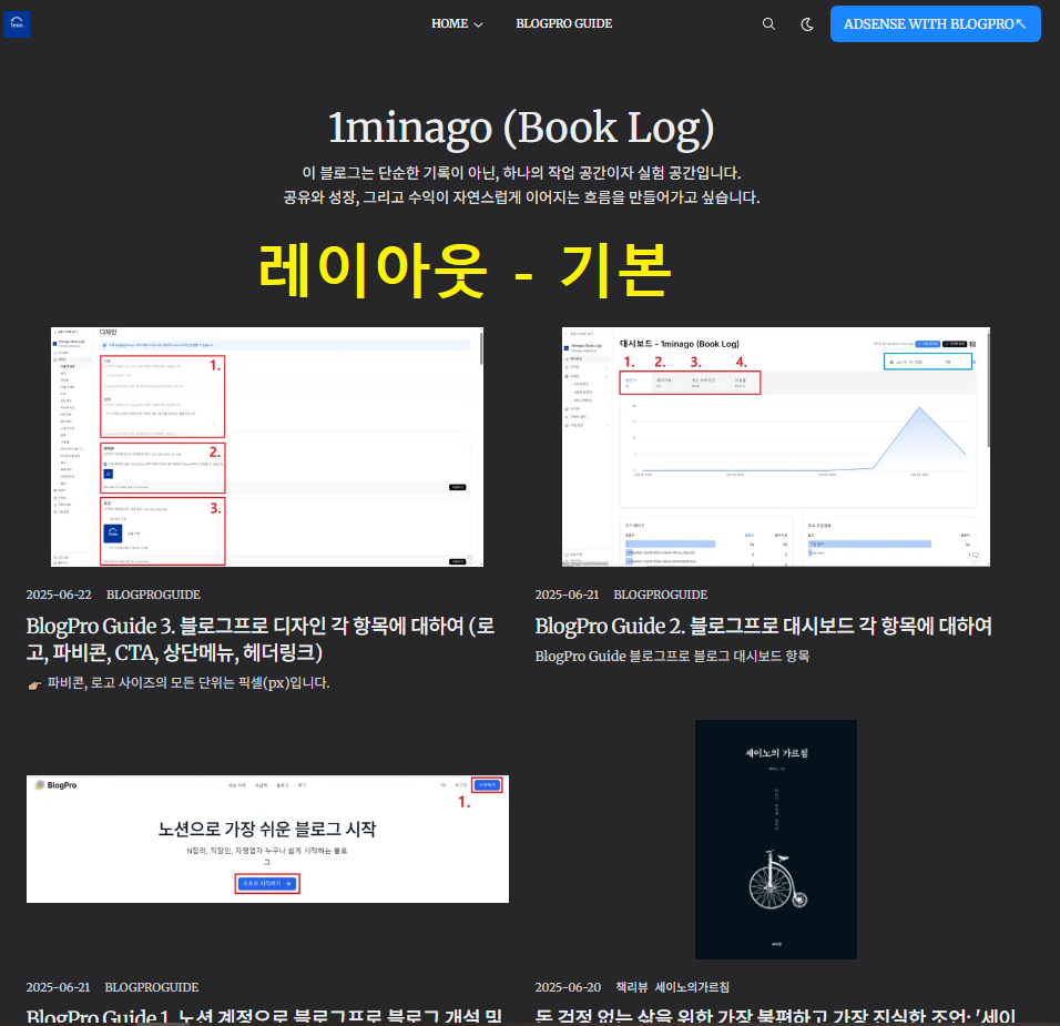 BlogPro Guide 4. 디자인 - 게시물 개요 레이아웃: 기본 선택 시, 내 사이트에 보여지는 홈 화면