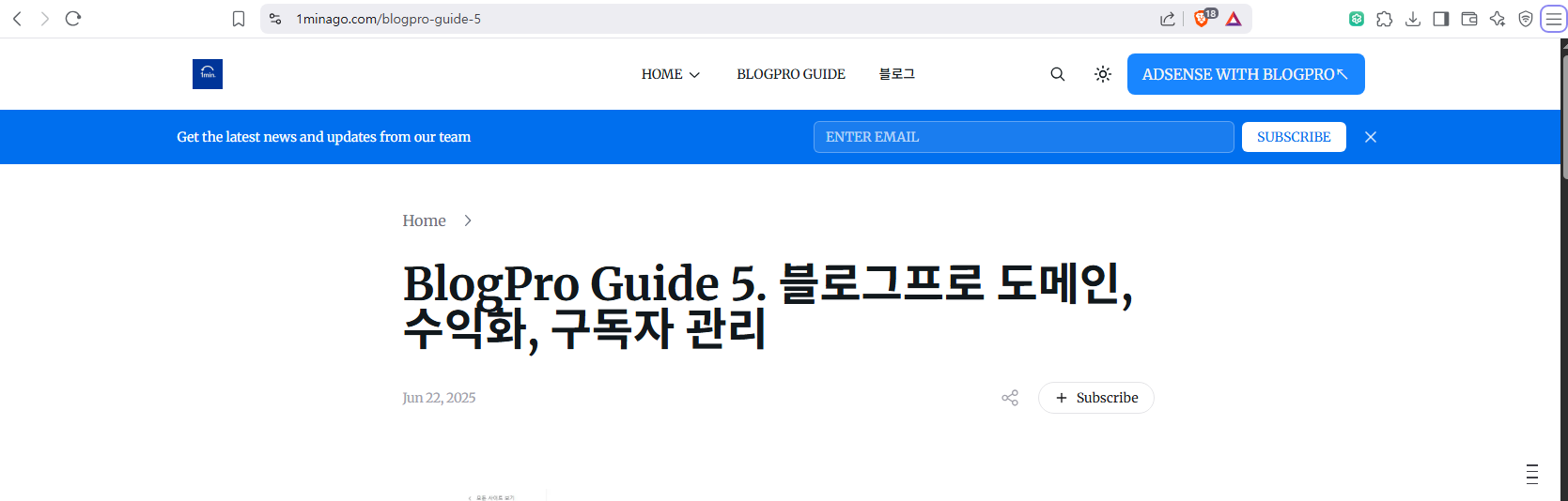 BlogPro Guide - 블로그프로 이메일 수집 방법. 구독자 양식이 활성화된 내 사이트 홈 화면(상단)