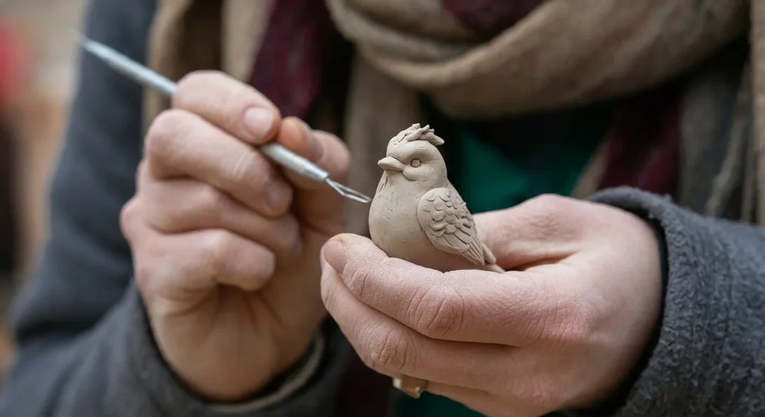 Prompt: A view of a person's hand as they hold a little clay figurine of a bird in their hand and sculpt it with a modeling tool in their other hand. You can see the sculptor's scarf. Their hands are covered in clay dust. a macro DSLR image highlighting the texture and craftsmanship 