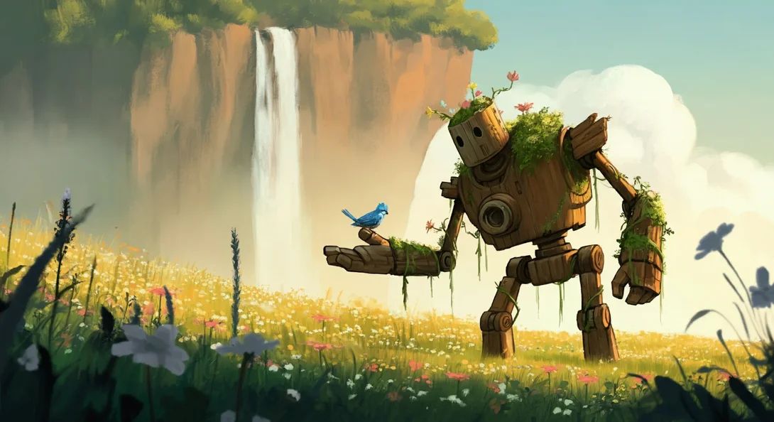 Prompt: A weathered, wooden mech robot covered in flowering vines stands peacefully in a field of tall wildflowers, with a small bluebird resting on its outstretched hand. Digital cartoon, with warm colors and soft lines. A large cliff with waterfall looms behind. 