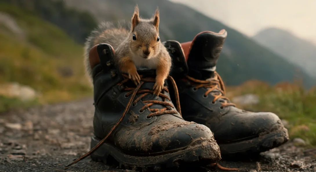 Prompt: A pair of well-worn hiking boots, caked in mud and resting on a rocky trail. The head of a squirrel is poking out of one of the boots, and it looks lazily at the camera, a little king of its shoe. The laces of both boots fall loosely to the ground. There's a mountainous landscape in the background. Cinematic movie still, high quality DSLR photo. 